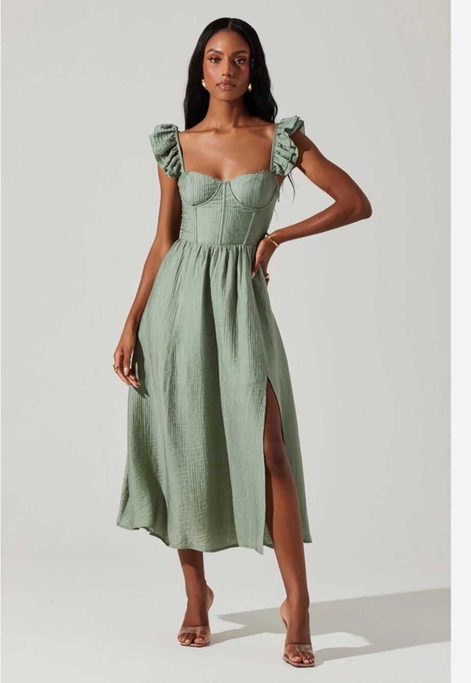 New ASTR Wedelia Bustier Sage Green Midi Dress Size XS Lace-up Back Pockets